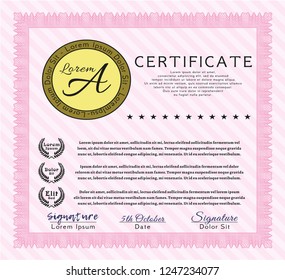 Pink Diploma or certificate template. With background. Detailed. Cordial design. 