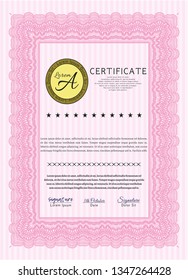 Pink Diploma or certificate template. With background. Money style design. Vector illustration. 