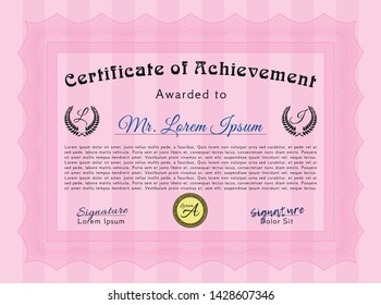 Pink Diploma or certificate template. With background. Vector illustration. Elegant design. 