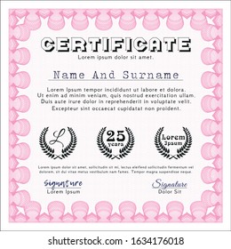 Pink Diploma or certificate template. With background. Detailed. Nice design. 