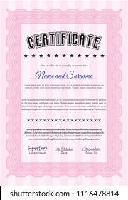Pink Diploma or certificate template. Complex background. Money Pattern design. Detailed. 