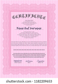 Pink Diploma or certificate template. With complex linear background. Vector illustration. Sophisticated design. 