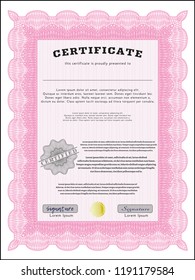 Pink Diploma or certificate template. With complex background. Customizable, Easy to edit and change colors. Money style design. 