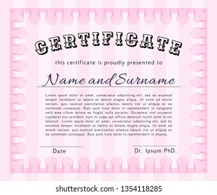Pink Diploma or certificate template. Complex background. Money design. Vector illustration. 