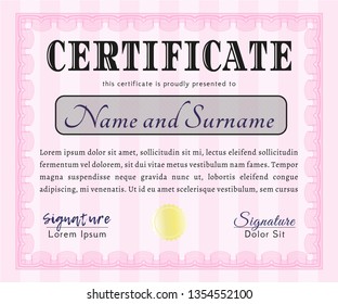 Pink Diploma or certificate template. With complex background. Nice design. Vector illustration. 