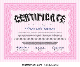Pink Diploma or certificate template. With complex background. Vector illustration. Retro design. 