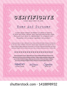 Pink Diploma or certificate template. With complex linear background. Money style design. Customizable, Easy to edit and change colors. 