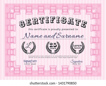 Pink Diploma or certificate template. With complex linear background. Artistry design. Detailed. 