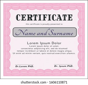 Pink Diploma or certificate template. Complex background. Detailed. Lovely design. 