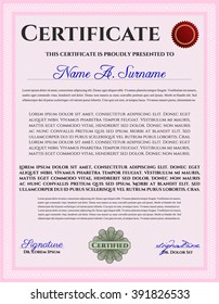 Pink Diploma or certificate template. With complex background. Vector illustration. Lovely design. 