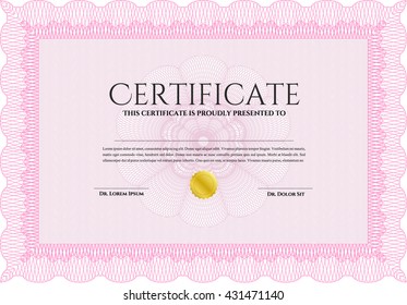 Pink Diploma or certificate template. Complex background. Vector pattern that is used in currency and diplomas.Superior design. 