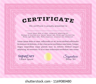 Pink Diploma or certificate template. Cordial design. Detailed. With complex linear background. 