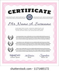Pink Diploma or certificate template. Cordial design. With great quality guilloche pattern. Vector illustration. 