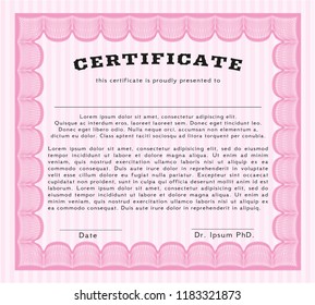 Pink Diploma or certificate template. Customizable, Easy to edit and change colors. With guilloche pattern. Money style design. 