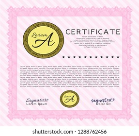 Pink Diploma or certificate template. Customizable, Easy to edit and change colors. With complex linear background. Retro design. 