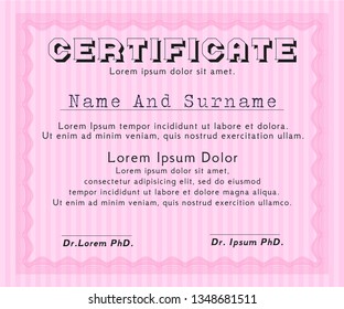 Pink Diploma or certificate template. Customizable, Easy to edit and change colors. With complex linear background. Nice design. 