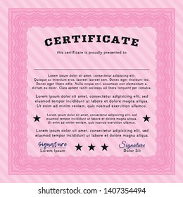 Pink Diploma or certificate template. Customizable, Easy to edit and change colors. With linear background. Money Pattern. 