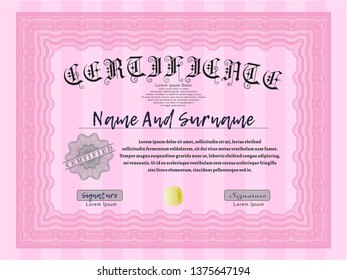 Pink Diploma or certificate template. Easy to print. Cordial design. Vector illustration. 