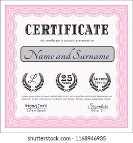 Pink Diploma or certificate template. Elegant design. Vector illustration. With guilloche pattern. 