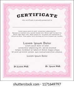 Pink Diploma or certificate template. Elegant design. With guilloche pattern and background. Vector illustration. 