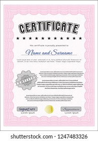 Pink Diploma or certificate template. Elegant design. With linear background. Detailed. 