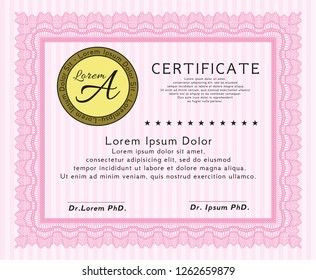 Pink Diploma or certificate template. Elegant design. Vector illustration. Printer friendly. 
