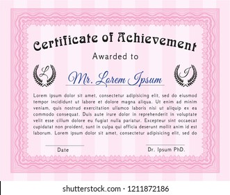 Pink Diploma or certificate template. Excellent design. With complex linear background. Vector illustration. 