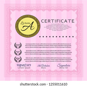 Pink Diploma or certificate template. Excellent design. With complex background. Detailed. 