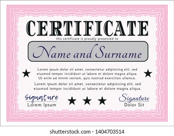 Pink Diploma or certificate template. Excellent design. With guilloche pattern and background. Vector illustration. 