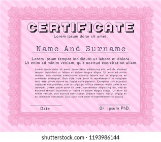 Pink Diploma or certificate template. Good design. Vector illustration. Complex background. 
