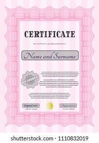  Pink Diploma or certificate template. With guilloche pattern. Vector illustration. Nice design. 