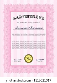 Pink Diploma or certificate template. With guilloche pattern. Artistry design. Detailed. 