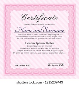 Pink Diploma or certificate template. With guilloche pattern and background. Money design. Customizable, Easy to edit and change colors. 