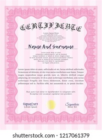 Pink Diploma or certificate template. With guilloche pattern. Money Pattern. Vector illustration. 