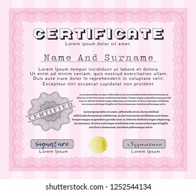 Pink Diploma or certificate template. With guilloche pattern and background. Money Pattern. Detailed. 