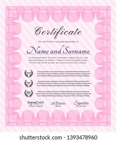 Pink Diploma or certificate template. With guilloche pattern and background. Perfect design. Vector illustration. 