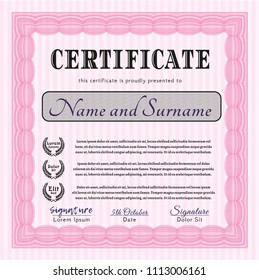 Pink Diploma or certificate template. With linear background. Perfect design. Customizable, Easy to edit and change colors. 