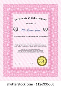 Pink Diploma or certificate template. With linear background. Vector illustration. Sophisticated design. 