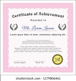 Pink Diploma or certificate template. With linear background. Perfect design. Detailed. 