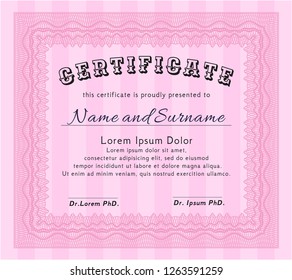 Pink Diploma or certificate template. With linear background. Detailed. Money Pattern. 
