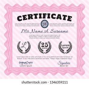 Pink Diploma or certificate template. With linear background. Artistry design. Vector illustration. 