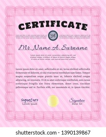 Pink Diploma or certificate template. With linear background. Sophisticated design. Detailed. 