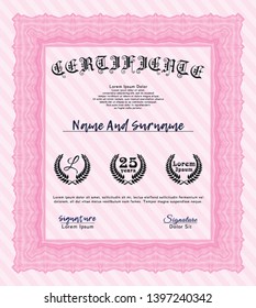 Pink Diploma or certificate template. With linear background. Cordial design. Customizable, Easy to edit and change colors. 