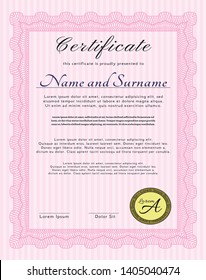 Pink Diploma or certificate template. With linear background. Money Pattern design. Detailed. 