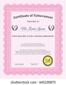 Pink Diploma or certificate template. With linear background. Detailed. Money Pattern design. 