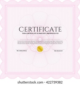 Pink Diploma or certificate template. Lovely design. Vector illustration. With complex background. 