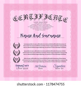 Pink Diploma or certificate template. Money Pattern. With complex linear background. Customizable, Easy to edit and change colors. 