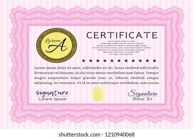 Pink Diploma or certificate template. Money Pattern design. With great quality guilloche pattern. Vector illustration. 