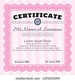 Pink Diploma or certificate template. Money Pattern. Detailed. With complex linear background. 