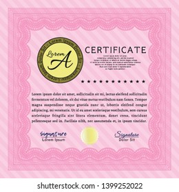 Pink Diploma or certificate template. Money design. With great quality guilloche pattern. Detailed. 